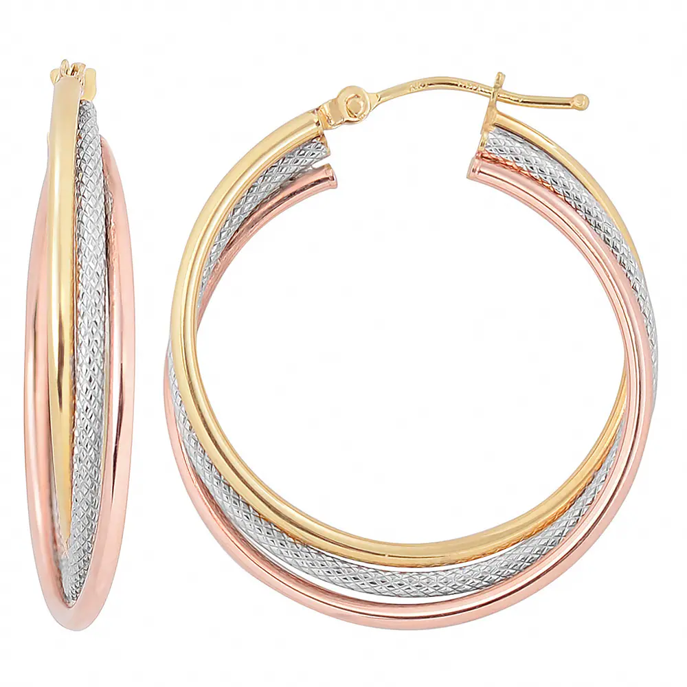 Fremada 10k Tri-color Gold High Polish and Textured Twist Hoop Earrings - White - White - White 14 Fremada 10k Tri-color Gold High Polish and Textured Twist Hoop Earrings - White - White - White