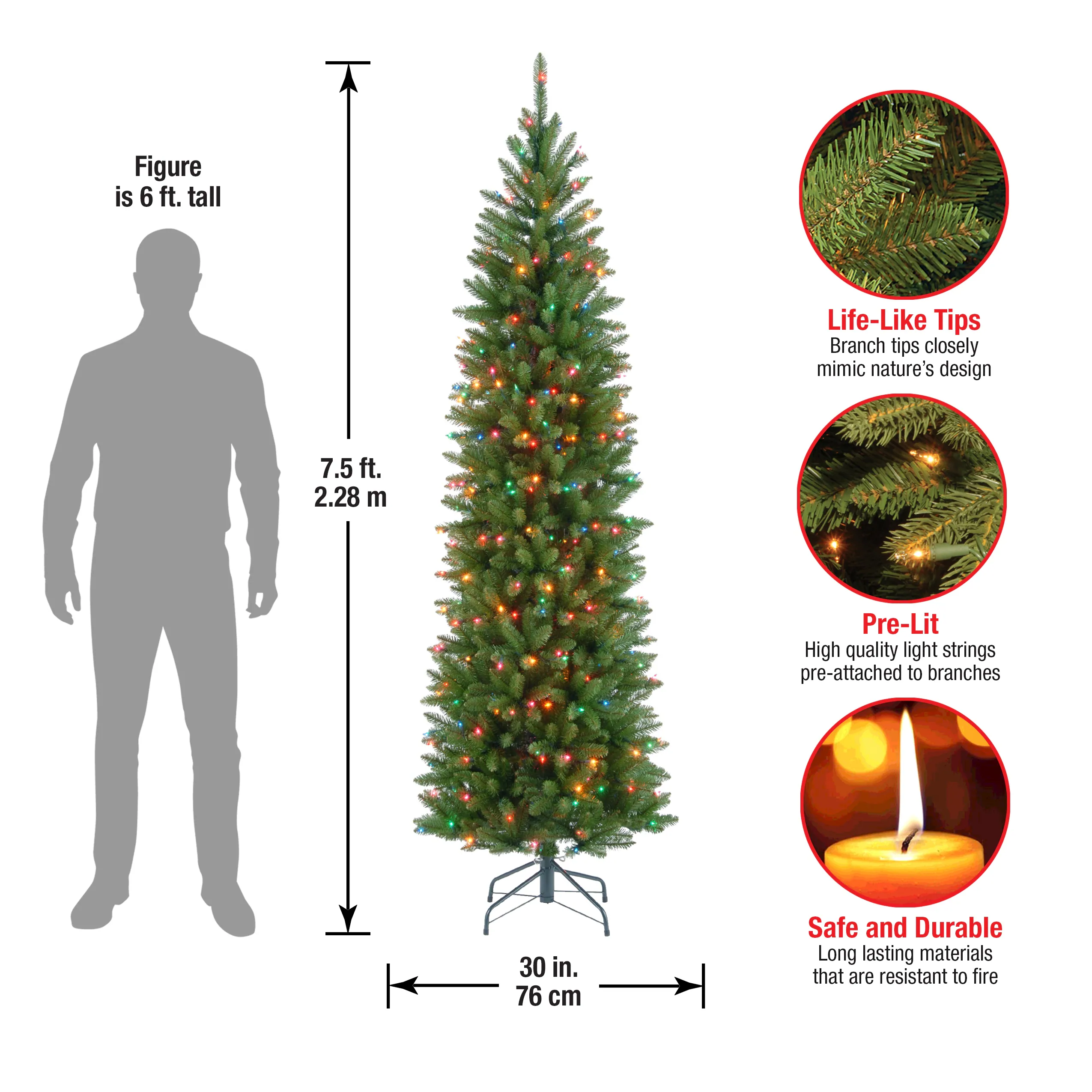 National Tree Company 7.5 ft.Kingswood Fir Pre-lit Pencil Tree - 7.5 Foot - 7.5 Foot - Green 6 National Tree Company 7.5 ft.Kingswood Fir Pre-lit Pencil Tree - 7.5 Foot - 7.5 Foot - Green