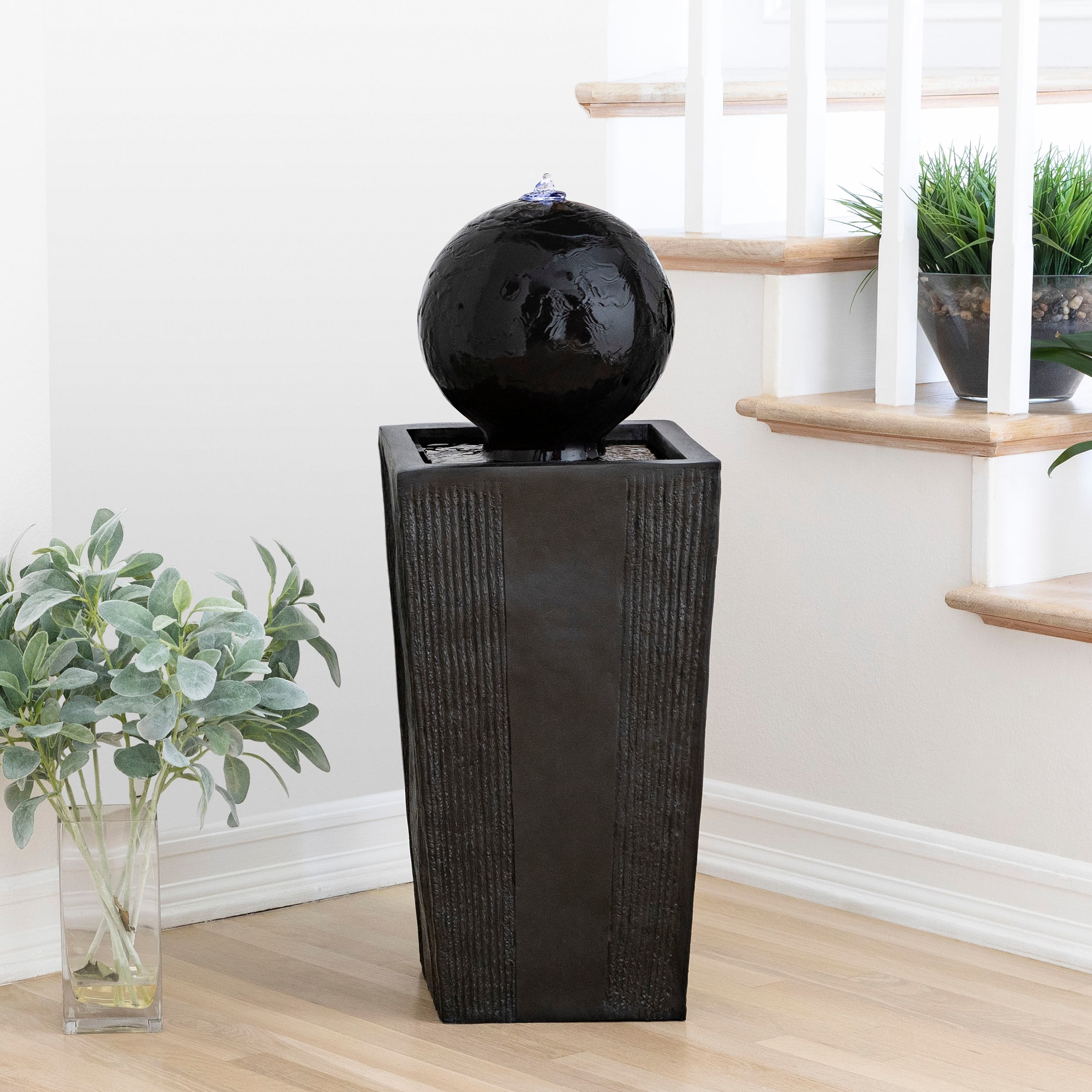 Alpine Corporation GIL786 33" Black Outdoor Modern Sphere Pedestal Water Fountain with LED Lights - Black - Floor - Glass 1 Alpine Corporation GIL786 33" Black Outdoor Modern Sphere Pedestal Water Fountain with LED Lights - Black - Floor - Glass
