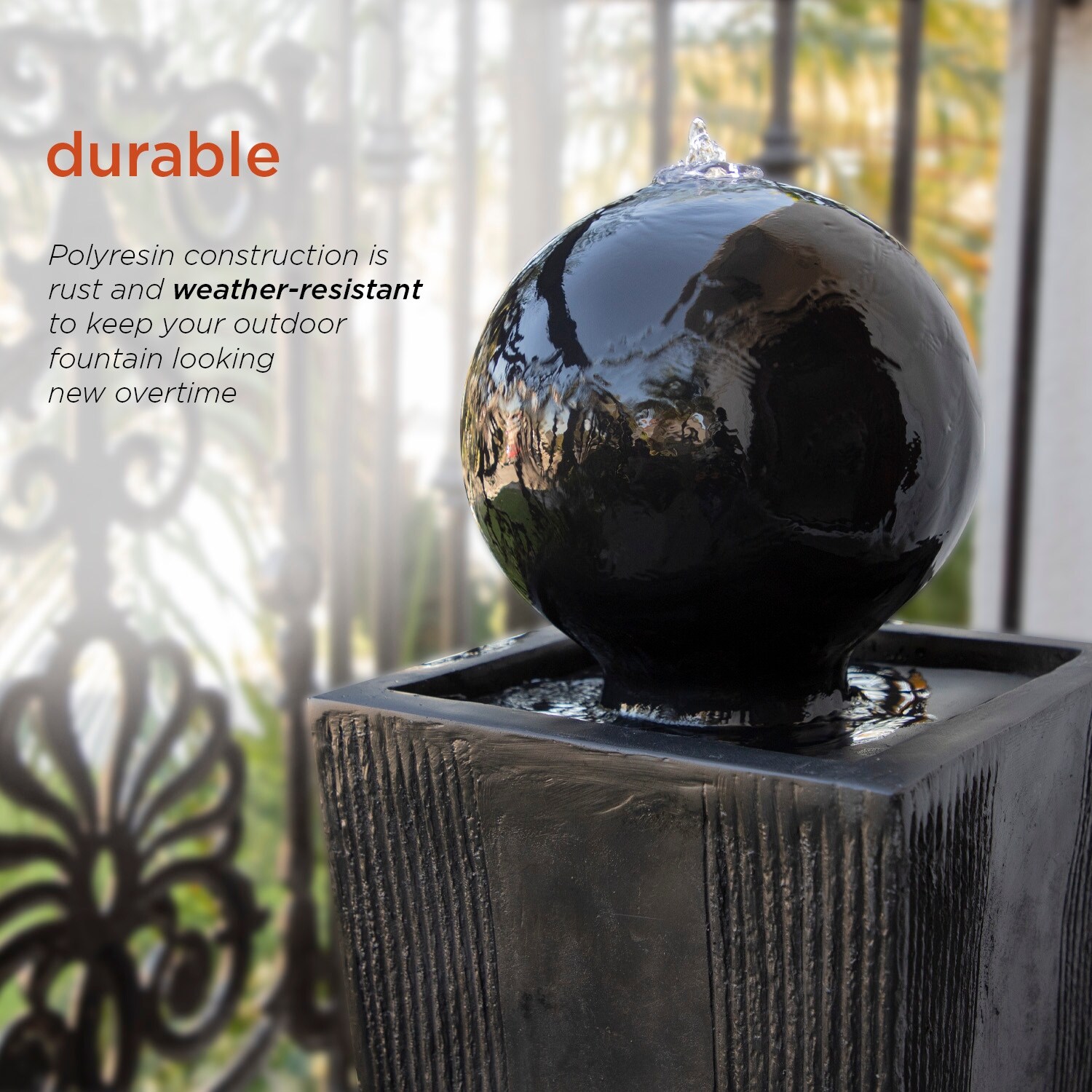 Alpine Corporation GIL786 33" Black Outdoor Modern Sphere Pedestal Water Fountain with LED Lights - Black - Floor - Glass 4 Alpine Corporation GIL786 33" Black Outdoor Modern Sphere Pedestal Water Fountain with LED Lights - Black - Floor - Glass