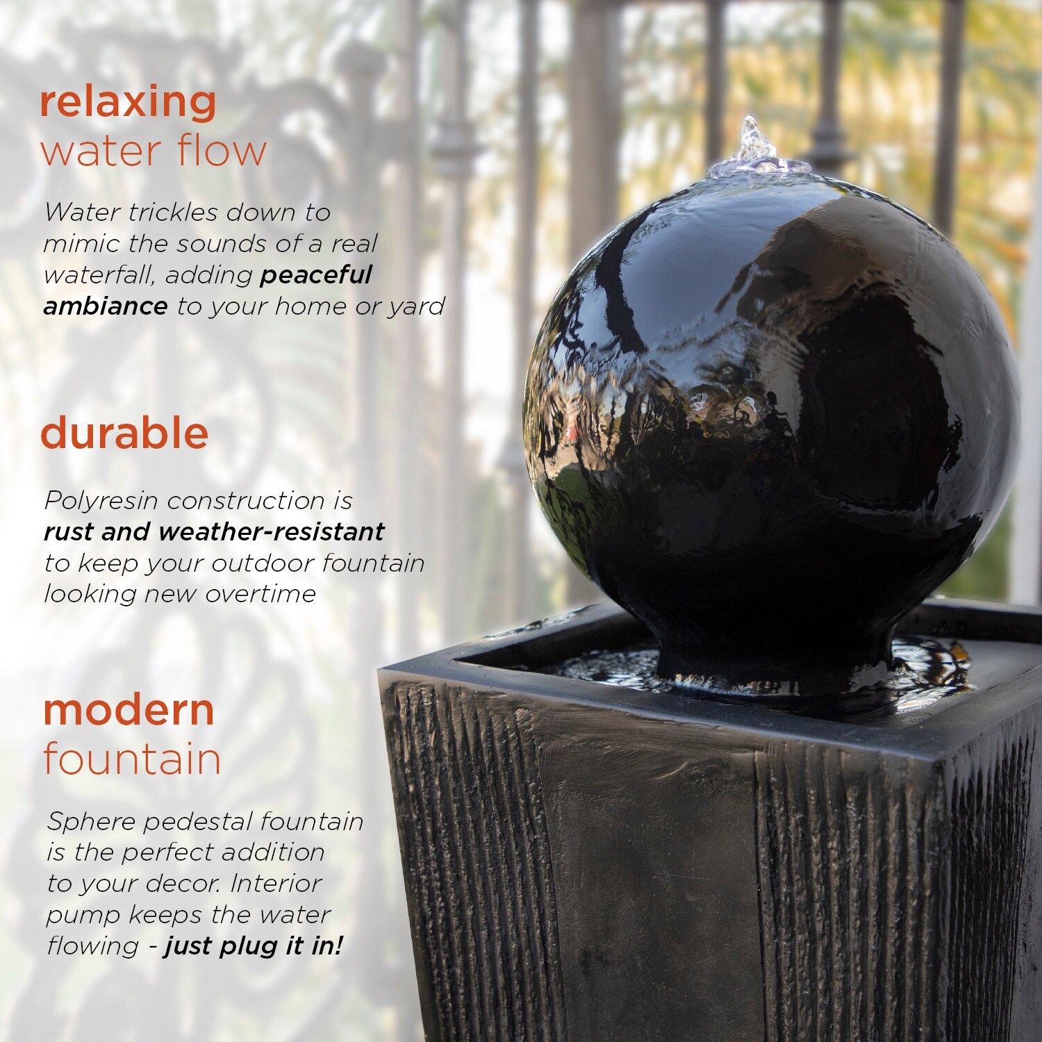 Alpine Corporation GIL786 33" Black Outdoor Modern Sphere Pedestal Water Fountain with LED Lights - Black - Floor - Glass 6 Alpine Corporation GIL786 33" Black Outdoor Modern Sphere Pedestal Water Fountain with LED Lights - Black - Floor - Glass