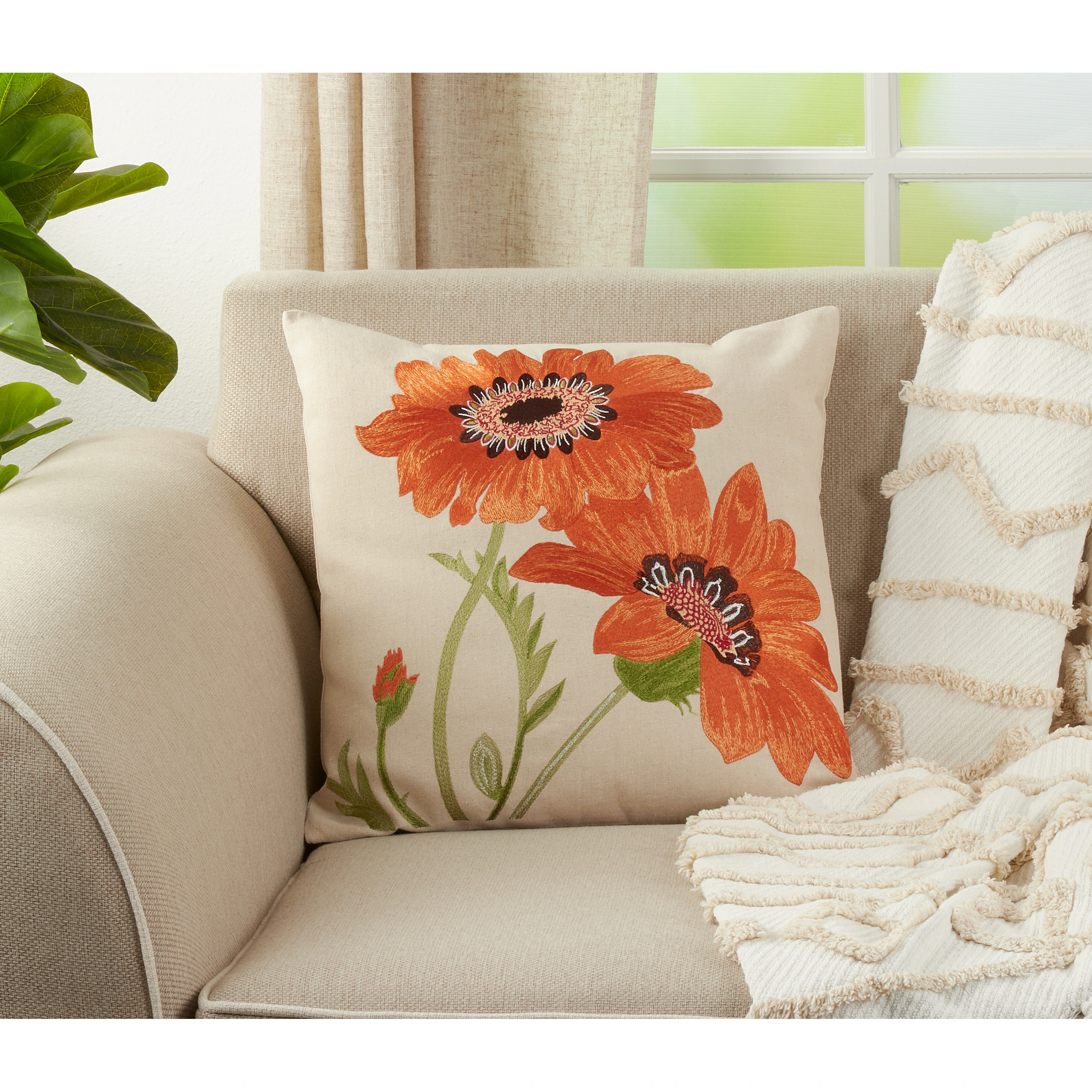 Embroidered Gerbera Daisy Poly Filled Throw Pillow 2 Embroidered Gerbera Daisy Poly Filled Throw Pillow