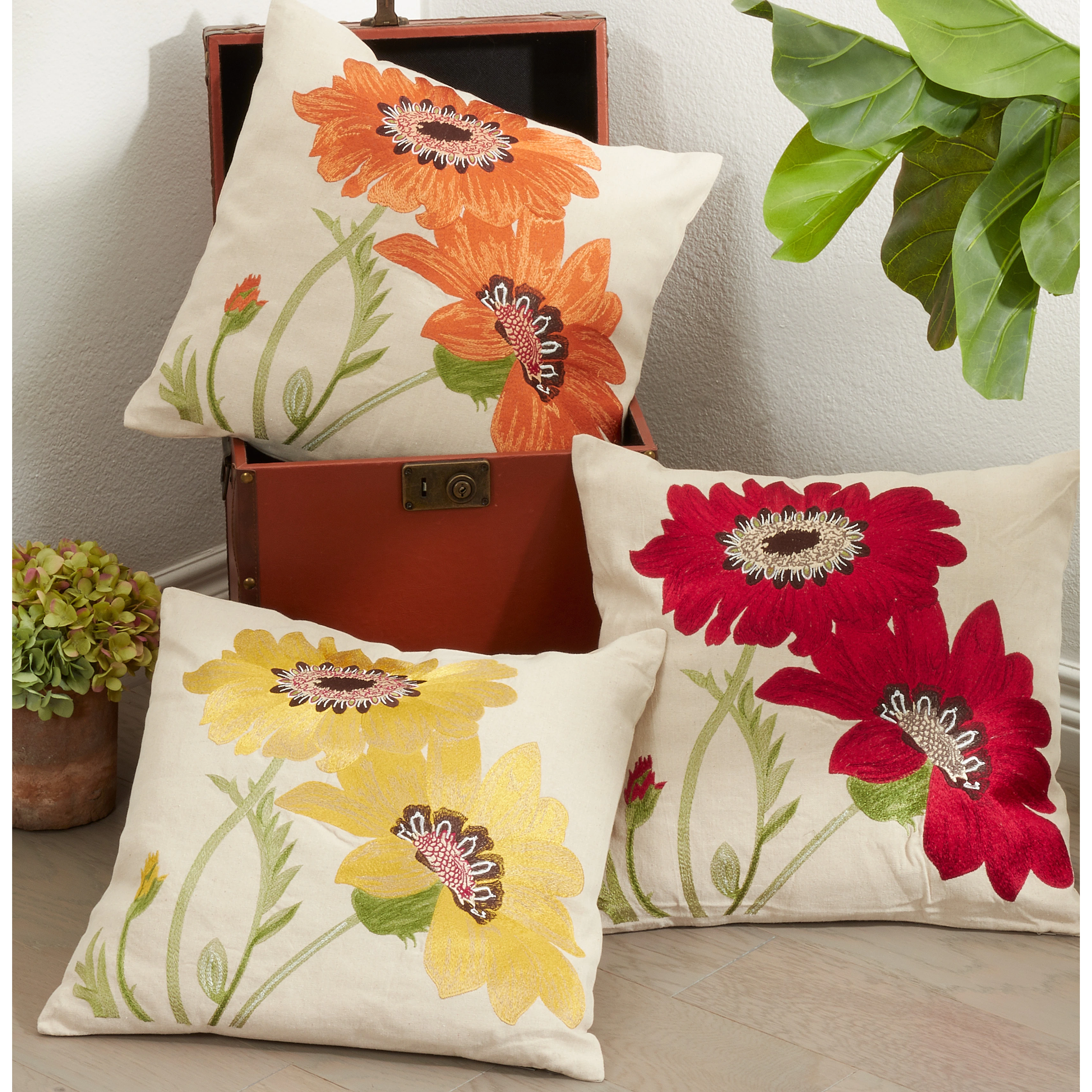 Embroidered Gerbera Daisy Poly Filled Throw Pillow 3 Embroidered Gerbera Daisy Poly Filled Throw Pillow