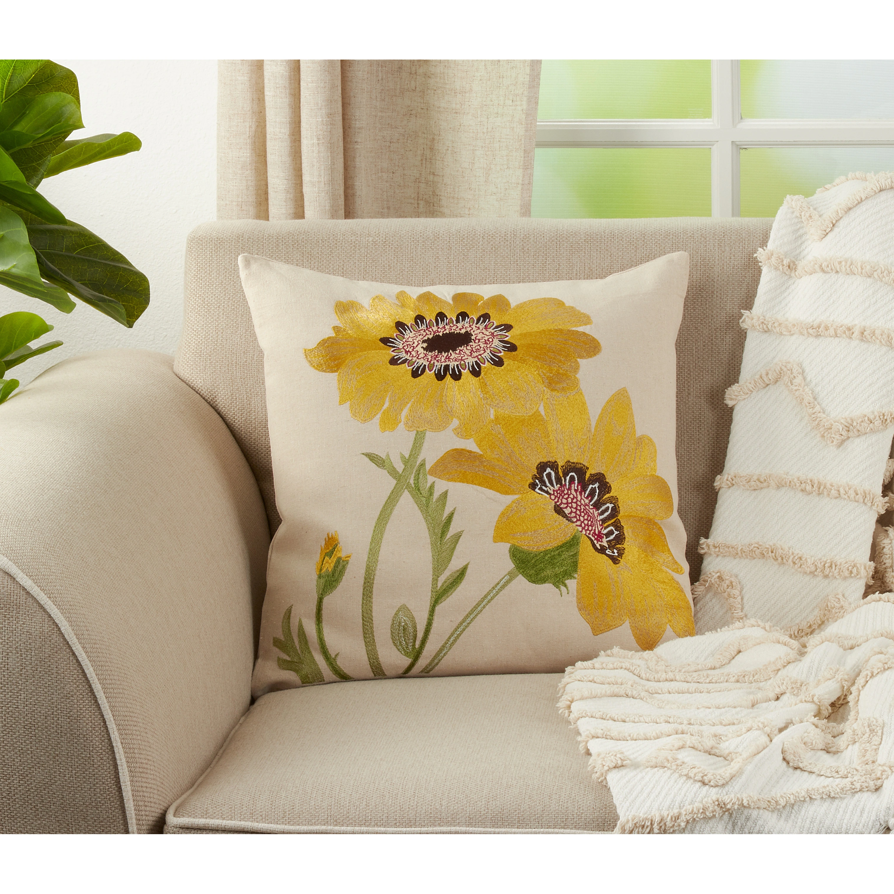 Embroidered Gerbera Daisy Poly Filled Throw Pillow 4 Embroidered Gerbera Daisy Poly Filled Throw Pillow