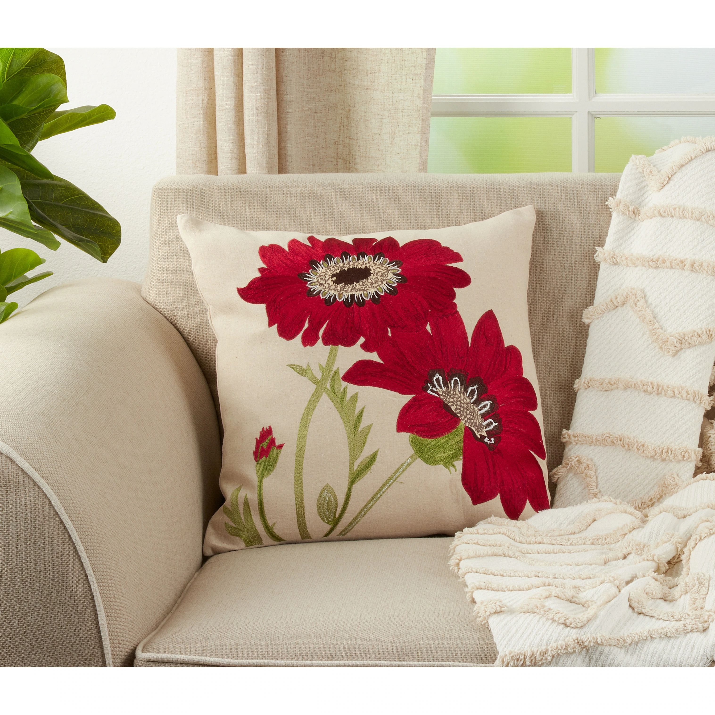 Embroidered Gerbera Daisy Poly Filled Throw Pillow 7 Embroidered Gerbera Daisy Poly Filled Throw Pillow