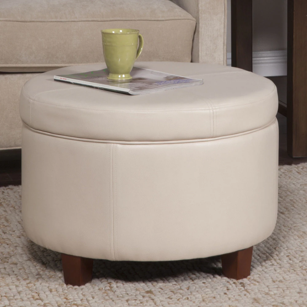 Porch & Den Rockwell Large Ivory Faux Leather Round Storage Ottoman - Cream