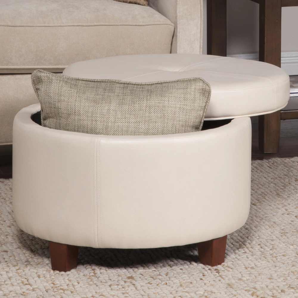 Porch & Den Rockwell Large Ivory Faux Leather Round Storage Ottoman - Cream