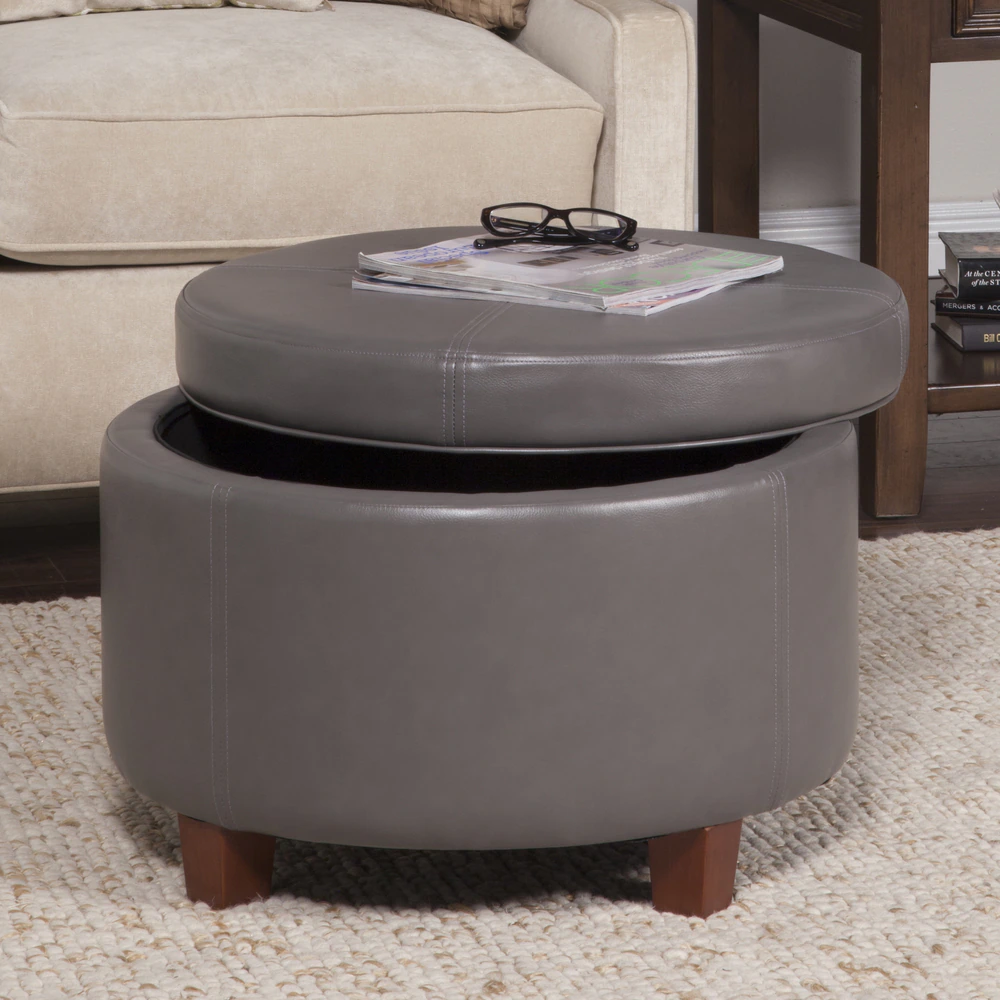 Porch & Den Rockwell Charcoal Grey Leatherette Round Storage Ottoman - Grey