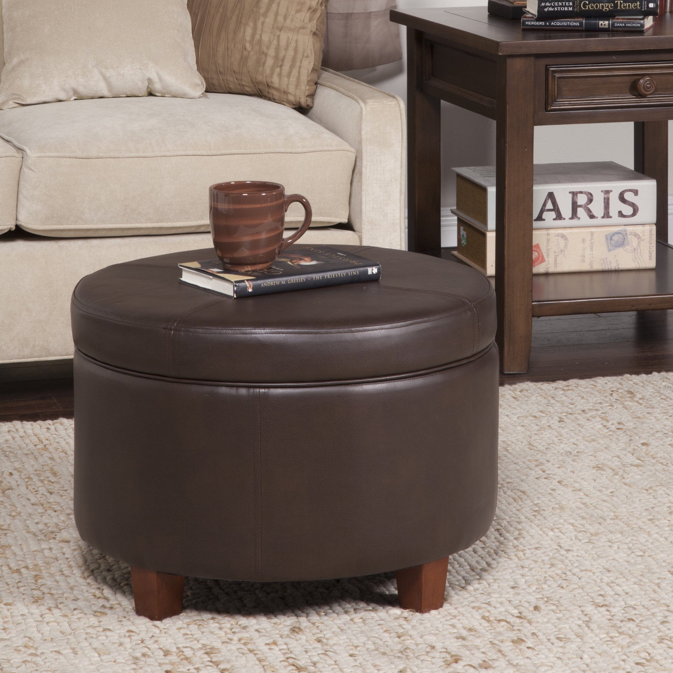 Porch & Den Rockwell Chocolate Faux Leather Round Storage Ottoman - Brown