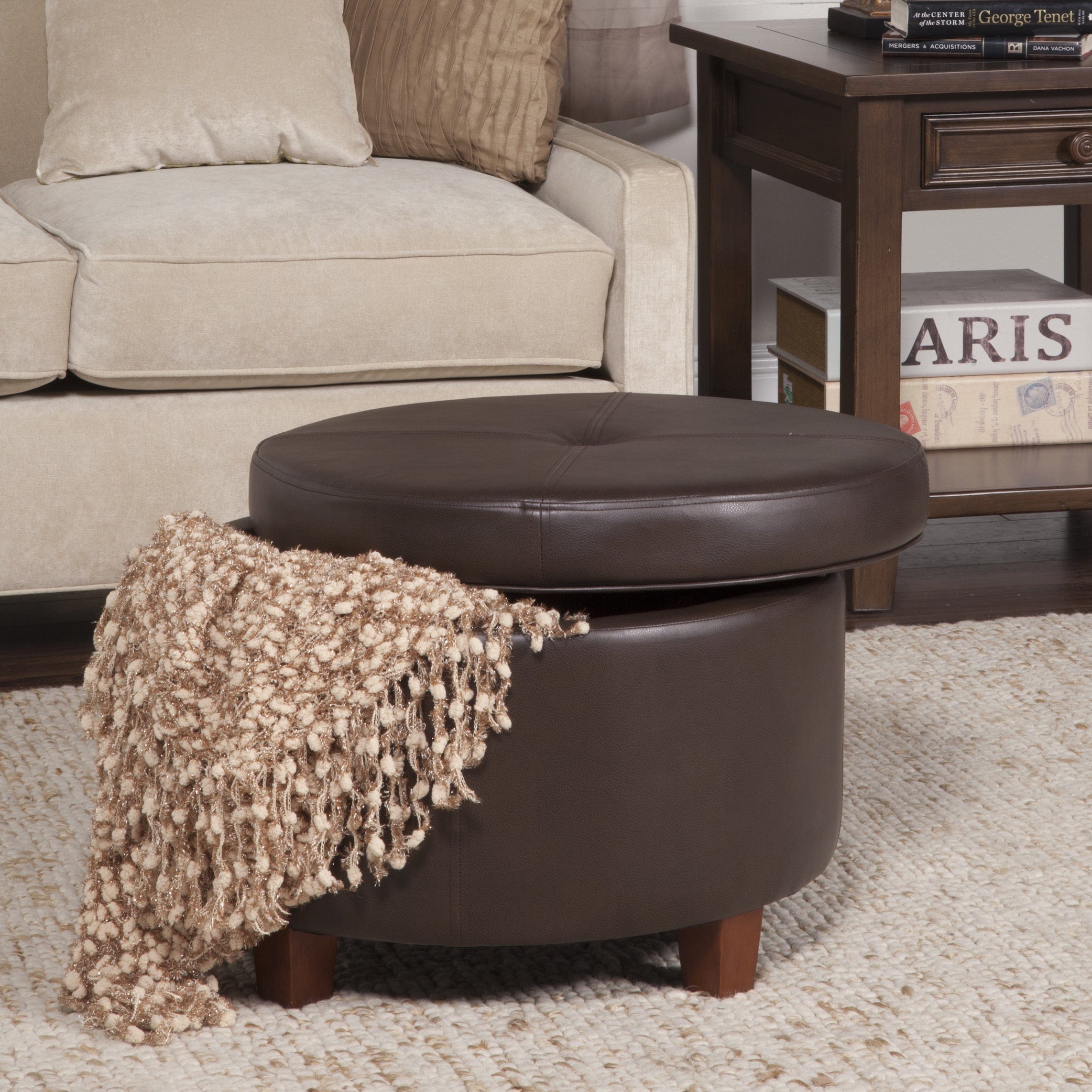 Porch & Den Rockwell Chocolate Faux Leather Round Storage Ottoman - Brown