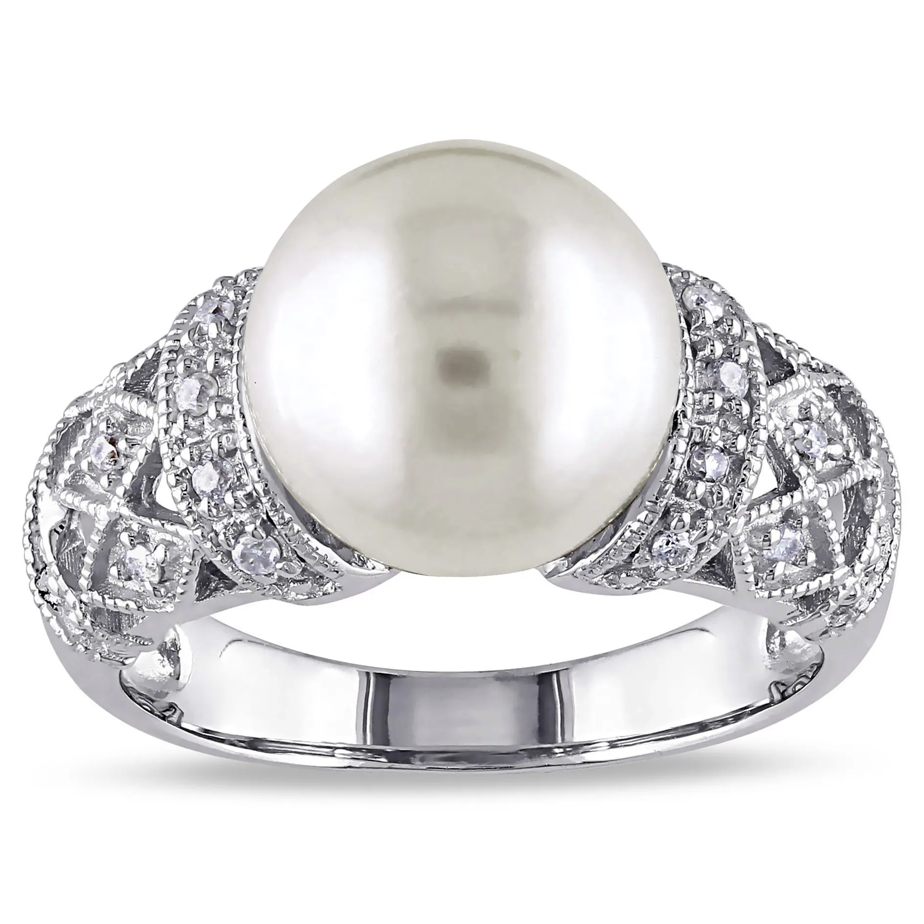 Miadora Silver Cultured White Pearl and 1/10ct TDW Diamond Ring (H-I, I2-I3) 1 Miadora Silver Cultured White Pearl and 1/10ct TDW Diamond Ring (H-I, I2-I3)