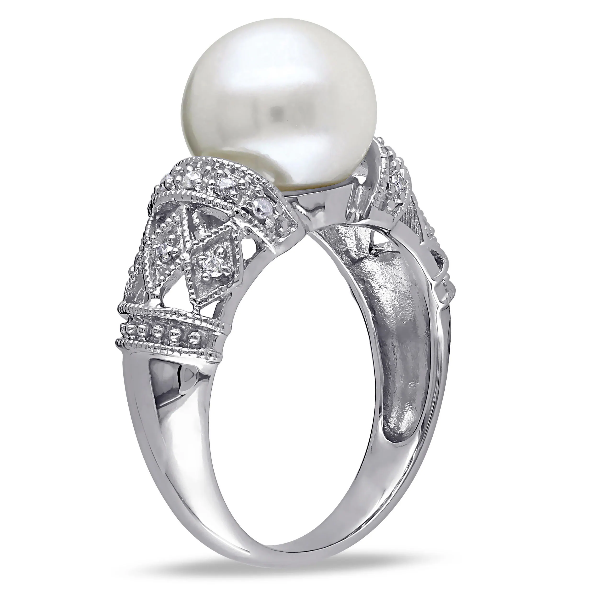 Miadora Silver Cultured White Pearl and 1/10ct TDW Diamond Ring (H-I, I2-I3) 3 Miadora Silver Cultured White Pearl and 1/10ct TDW Diamond Ring (H-I, I2-I3)