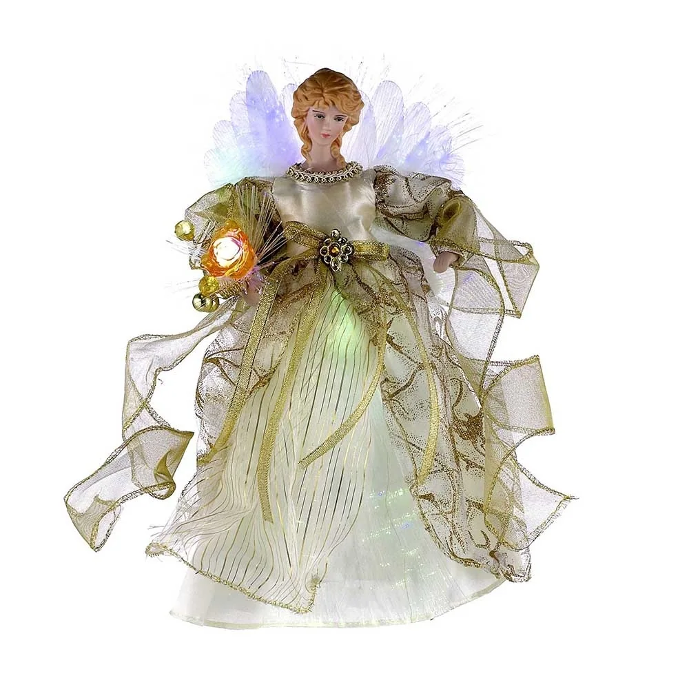 Kurt Adler 12-Inch CUL Ivory and Gold Fiber Optic LED Angel Treetop - Multi