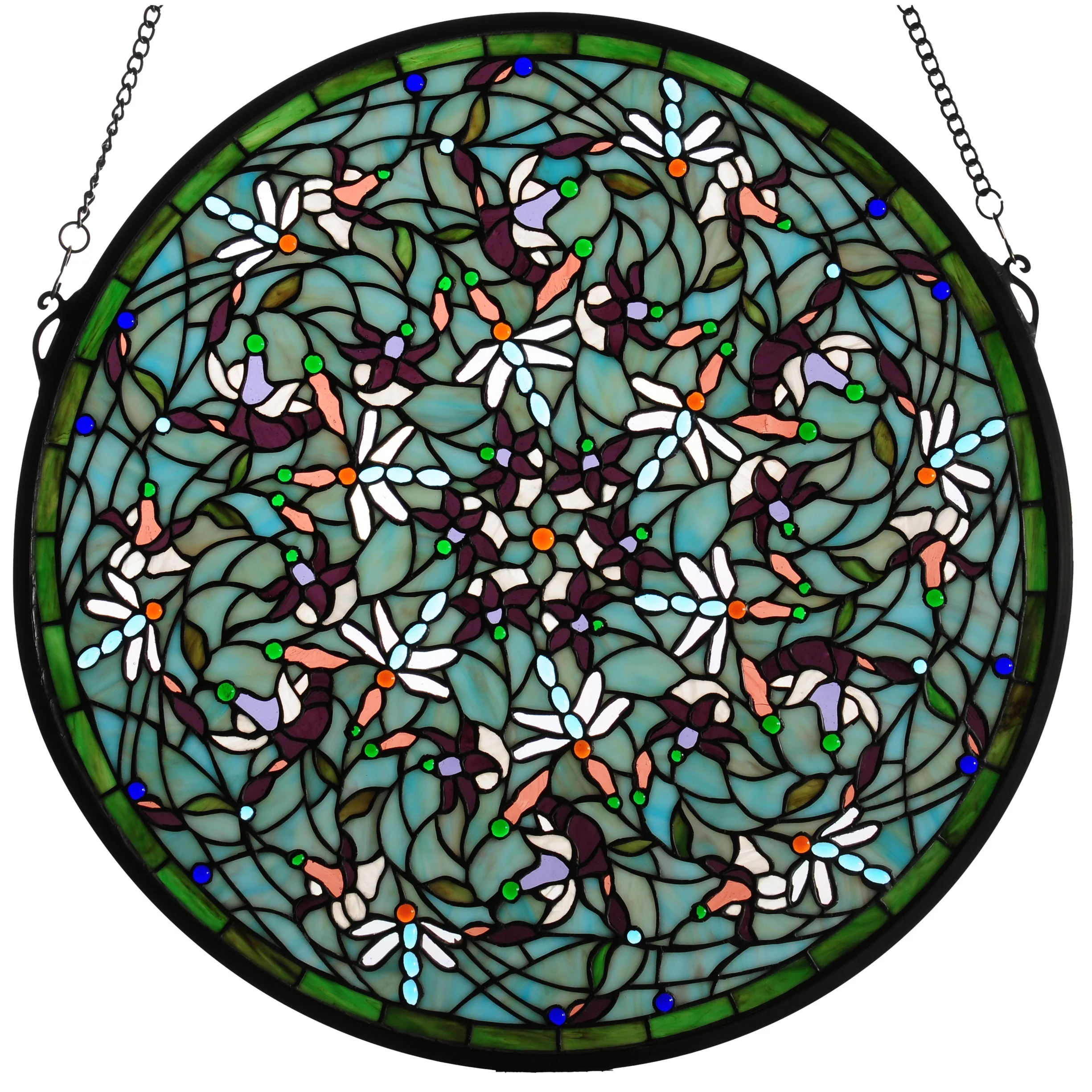 Emerald Dragonfly Swirl Medallion Stained Glass Window Panel - n/a - 7